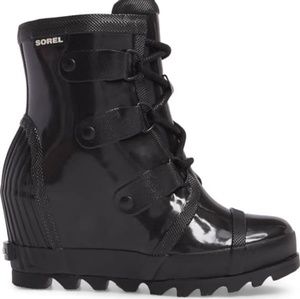 Sorel Joan Rain Wedge Black/ Sea salt